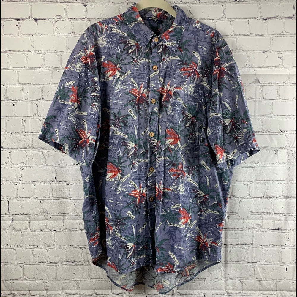 VINTAGE ISLAND SOUL Hawaiian Shirt Blue with Red & Green Palm Trees